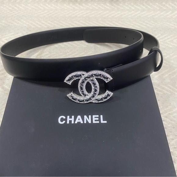 Chanel Black Belt with Silver Logo - Picture 1 of 5